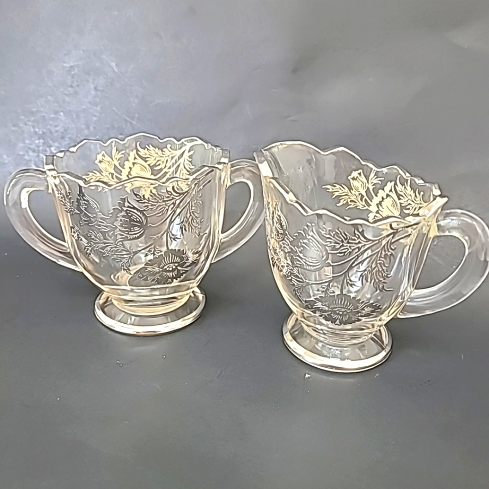 VTG Sterling Silver Overlay Flanders Poppy Crystal Creamer & Sugar Bowl Set